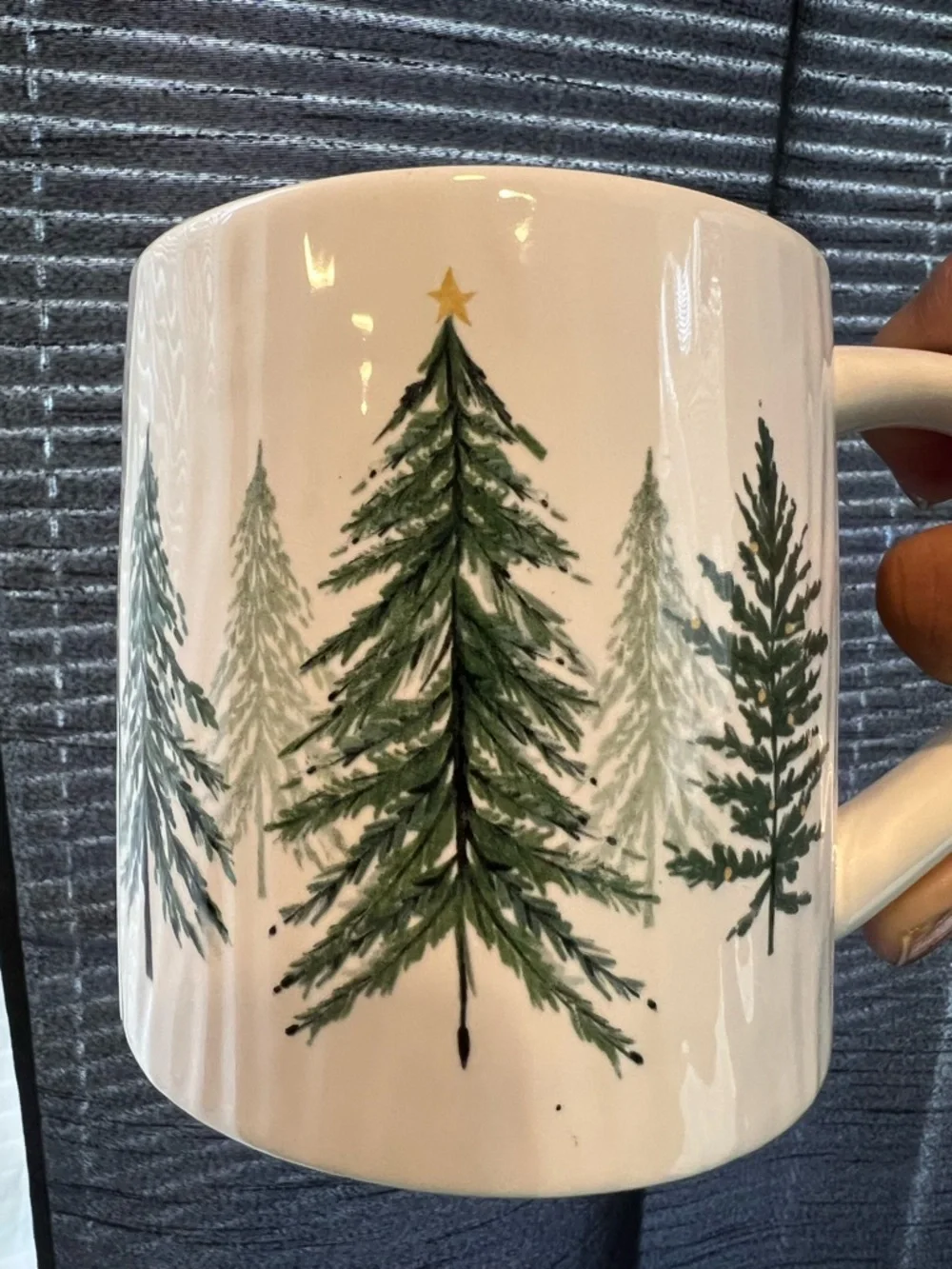 Pier 1 White Ceramic Mug with Green Christmas Tree Design